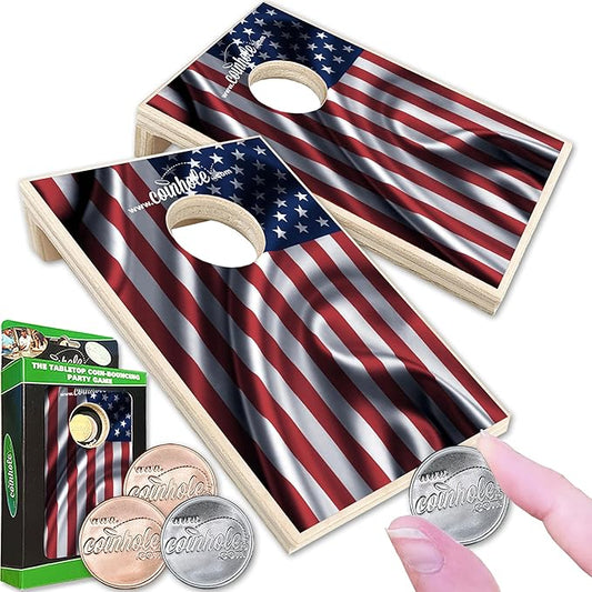 Desktop Coin Bouncing Party Set | Tabletop Cornhole Board | Small Travel Game Includes Coins