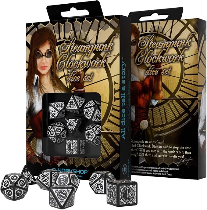Q-Workshop Steampunk Clockwork Black & White Dice Set (7) Board Games
