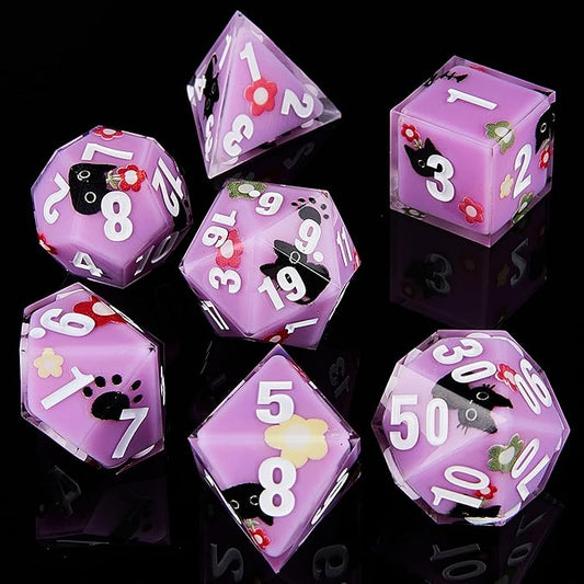 DND Dice Set Polyhedral, IDTQ Dungeons and Dragons Purple Dice Set RPG MTG Table Games 7-Die Resin Sharp with Acrylic Starlight Accent Box (Cat-Purple)