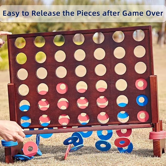 Giant Wooden 4 in A Row Game - Fun Indoor and Outdoor Board Games for Teens, Includes 42 Pcs Dics and Carrying Bag