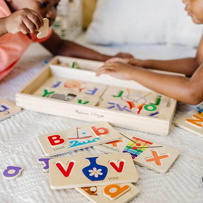 Melissa & Doug ABC Picture Boards - Educational Toy With 13 Double-Sided Wooden Boards and 52 Letters , White
