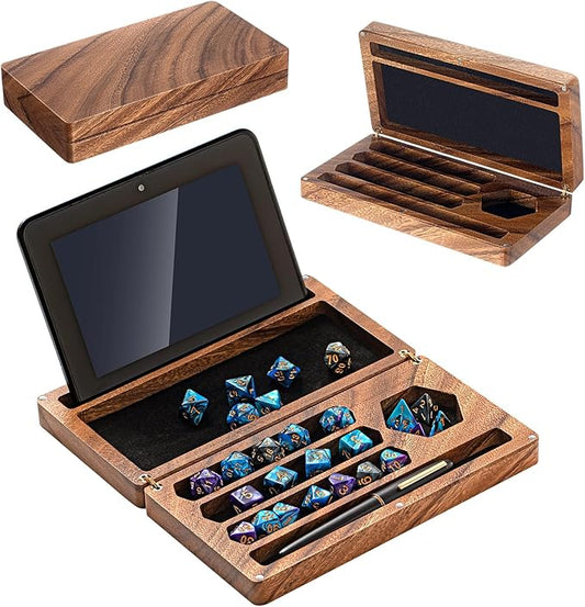Walnut Dice Box 4.8 x 9 Inch Handmade Dice Tray for Rolling with Storage Phone Tablet Stand Magnetic Lock Secures Lid Portable Tray for Tabletop Rpg Board Games Gift(Walnut,Flip)