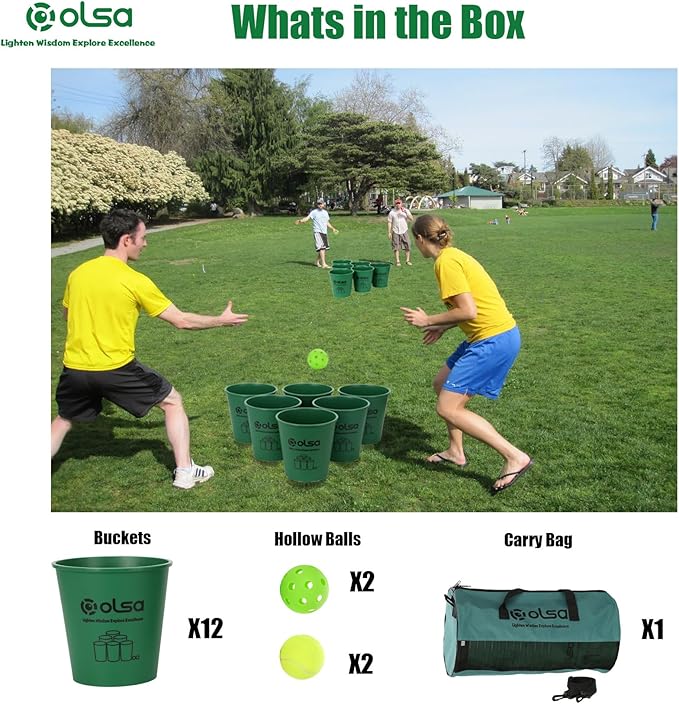 Olsa Yard Pong Outdoor Games, Giant Yard Pong Yard Games with 12 Buckets, Balls, Strength Carrying Bag for Backyard Beach Lawn Park Camping, Toss Outdoor Games for Adults and Family(Green)