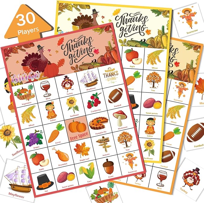 VESPRO 46PCS Thanksgiving Bingo Game Cards for 30 Players Thanksgiving Day Party Games Fall Bingo for Kids Party Classroom Activities