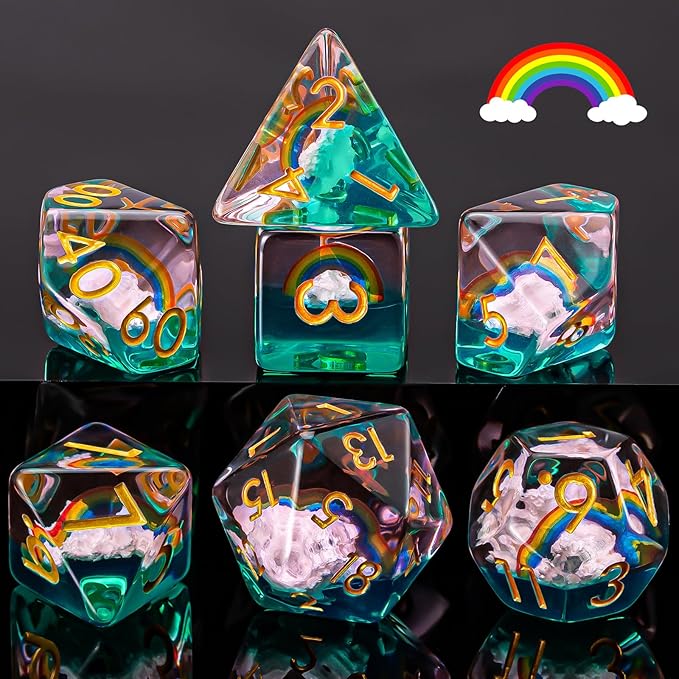 Rainbow Resin D&D Dice Set, Polyhedral Dice for Dungeons and Dragons, RPG, MTG,Role Playing Games (D4, D6, D8, D10, D12, D20, D%) 7PC