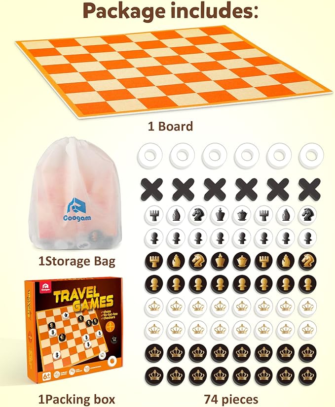 Coogam Chess and Checkers Board Game, 3-in-1 Tic Tac Toe Vintage Table Game with Mat, Lawn Party Favor Activity Indoor Outdoor Travel Toy for Family Play
