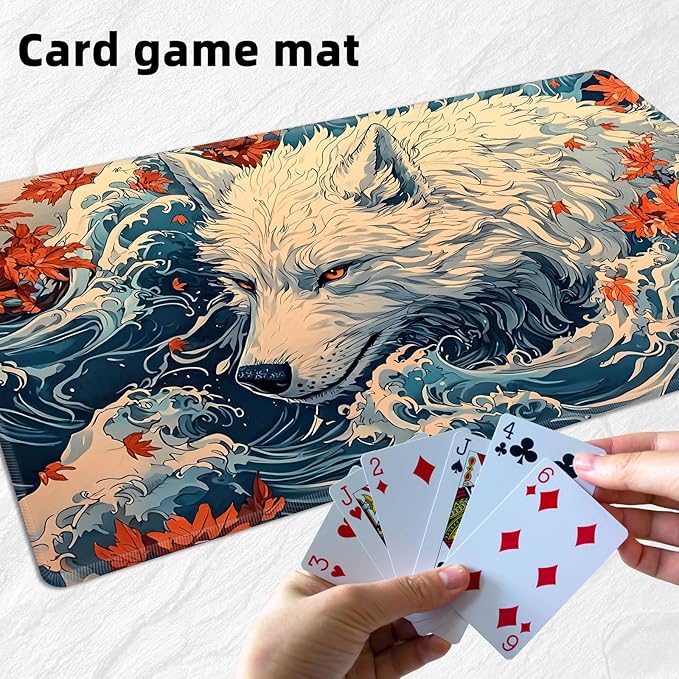 for MTG Playmat with Storage Bags, Card Playmat for TCG Card Playing Game,Rollable & Foldable for PTCG and Board Game Mat for Cards,Non-Slip Wolf Maple Leaf Desk Mat for Home Office