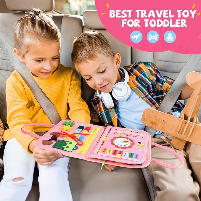 Montessori Busy Board Toys, Sensory Board for Toddlers 1-3, Travel Felt Busy Book for Airplane Car, Activity Busy Mat for Learning Fine Motor Skills Suits Boys Girls Birthday Gifts Pink/P1