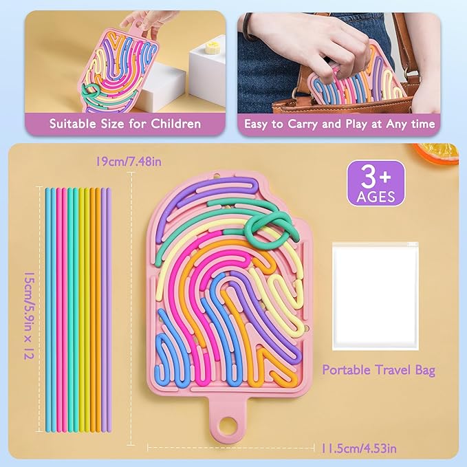 Silicone Sensory Activity Board, Double-Side Fidget Toy for Anxiety, Stress, ADHD, Autism and Calming, Silent, No Mess, Sensory Board with Portable Travel Bag & 12 Strings, Kids 3+ & Adults, Pink