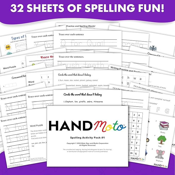 HandMoto Spelling Activity Pack 1 - Use Our Spelling Games for Kids to Make Learning Fun - Improve Word Recognition & Vocabulary Skills