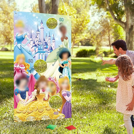 Princess Toss Game Banner with 3 Bean Bags for Girls Birthday Indoor Outdoor Throwing Games Princess Party Decoration Supplies