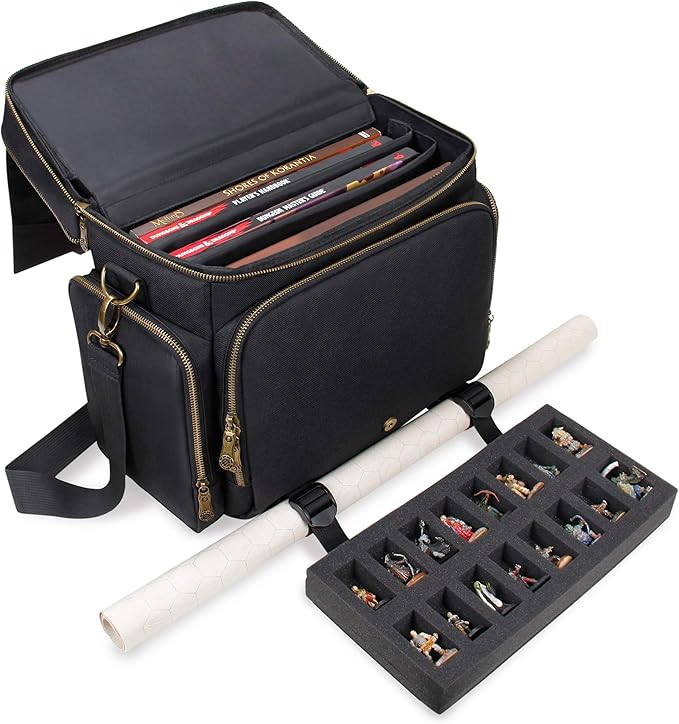 ENHANCE Tabletop DnD Bag - RPG Adventurer's Dungeons and Dragons Accessories Bag with Miniatures Storage, Mat Holder, DnD Dice & Token Pockets, Fits 4-8 Books, DM's Guide, Player's Handbook (Black)