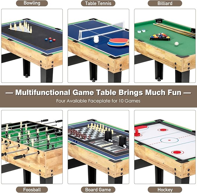 Giantex 10-in-1 Multi Game Table, Combo Game Table Set w/Hockey, Foosball Pool Ping-Pong Chess Cards Checkers Bowling, Shuffleboard, Backgammon, Adult Size Foosball Table for Game Room, Family