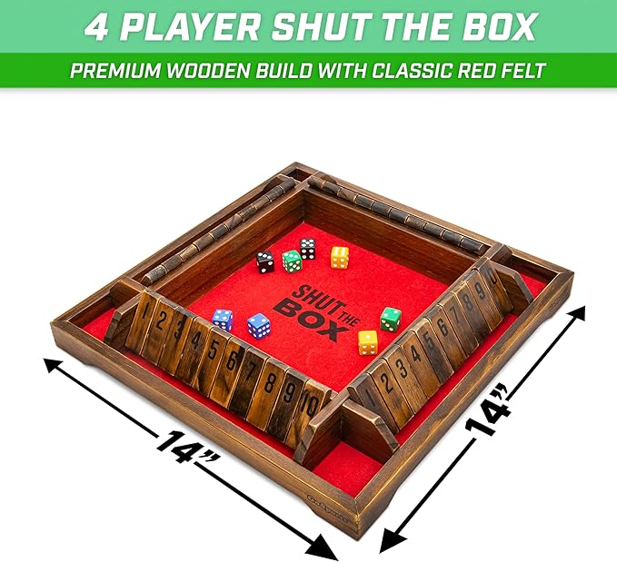 GoSports Shut the Box Premium Wooden Dice Game, Classic 4 Player Family Board Game - 10 Number Rows with Red Felt, Dice and Wood Stain Finish - For Kids and Adults