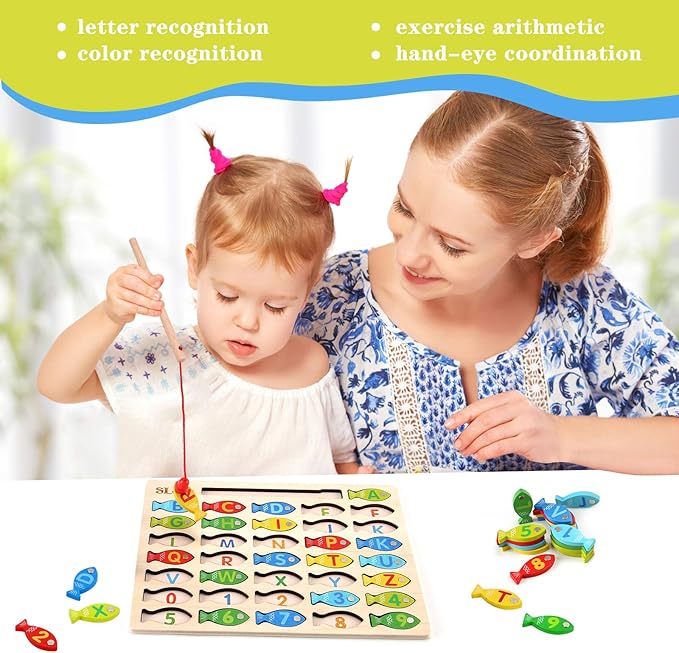 Slotic Magnetic Wooden Fishing Game Toy for Toddlers - Alphabet ABC Fish Catching Counting Learning Education Math Preschool Board Games Toys Gifts for 3 4 5 Years Old Girl Boy Kids