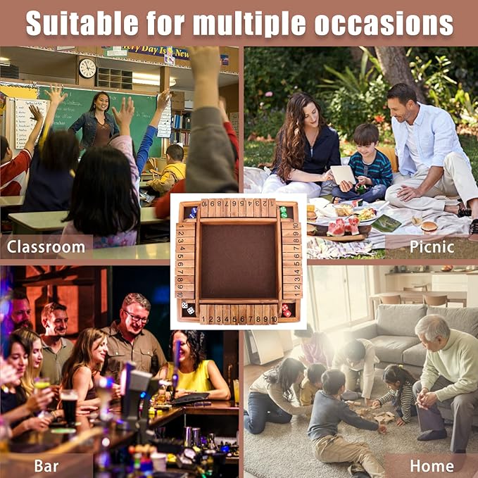 Shut The Box Dice Game-12 in Brown Design Retro 1-4 Players-8 Dice-Gift Package, Wooden Board Table Math Games for Adults Kids, Classics Tabletop Version and Pub Board Game