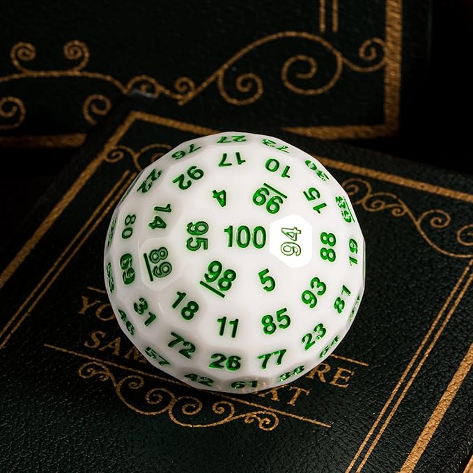 Upgraded D100 Die - 100 Sided Polyhedral Dice 50mm for D&D Games - Single Cube With Metal Storage Tin (White/Green Font)