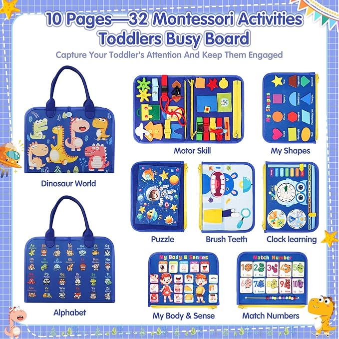 Montessori Busy Board Boy, Toddler Toys for 1 2 3+ Year Old Boy, Toddler Busy Book Educational Learning Sensory Activity Toys for Road Airplane Travel Toys for Kids with Autism