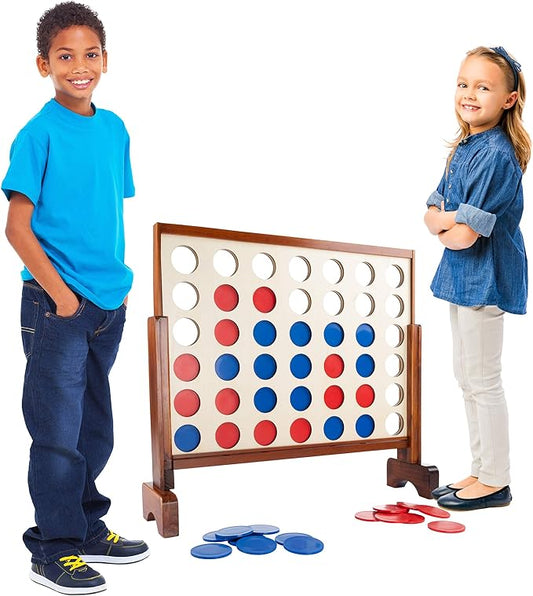 Hey! Play! 4-in-A-Row-Giant Classic Wooden Game for Indoor and Outdoor Play-2 Player Strategy and Skill Fun Backyard Lawn Toy for Kids and Adults