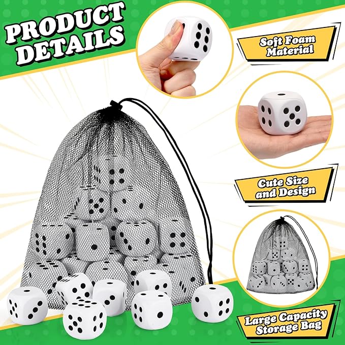 24 Pcs Foam Dice Stress Ball 1.57 Inch Fake Soft Slow Dot Stress Anxiety Relief Dice Toys for Kids Adults Board Game Casino Themed Decoration Party Pool Toy Favors School Supplies
