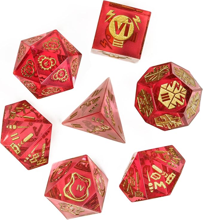 Cusdie Sharp Edges DND Dice, 7 PCs D&D Dice, Handcrafted Polyhedral Dice Set, for Role Playing Game Pathfinder (Red/Roman Numerals)