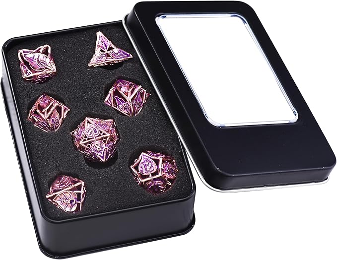 AUSTOR Metal Maple Leaf DND Dice Set 7 Pieces Hollow Polyhedral Dice D20 D12 D10 D% D8 D6 D4 Copper Dice with Metal Box for Dungeons & Dragons RPG Board Games (Violet & Gold)