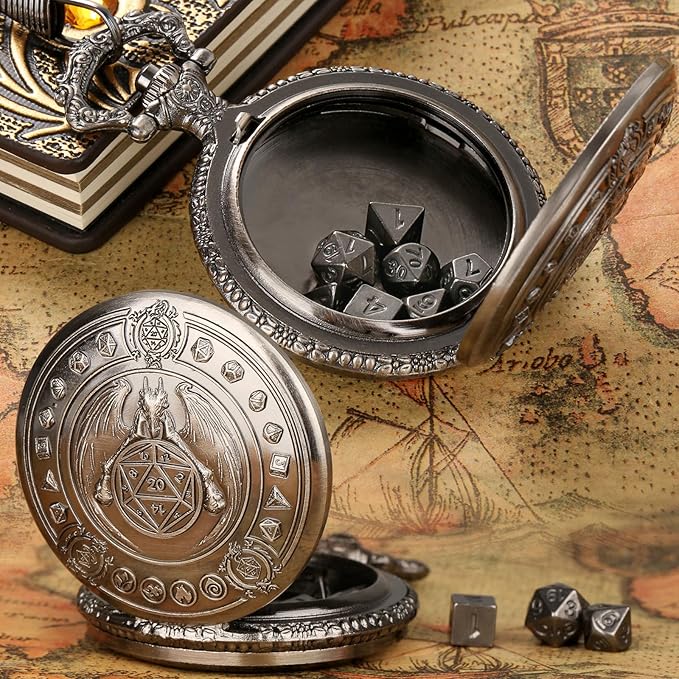 Mini DND Dice Set Dragon Pocket Watch Shell Case, 7pcs Polyhedral Metal D&D Dice Set, DND Gifts with Gift Box, D&D Gift, Role Playing Board Games Accessories, Dark Silver