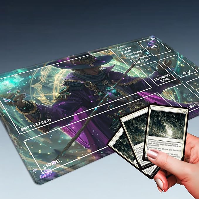 MTG Playmat Size 23.6x13.8in with Storage Bags Portable Playmat TCG and Board Game Mat for Cards Rubber Base Slip-Resistant Mousepad Desk Mat (Mystic,with Zone)