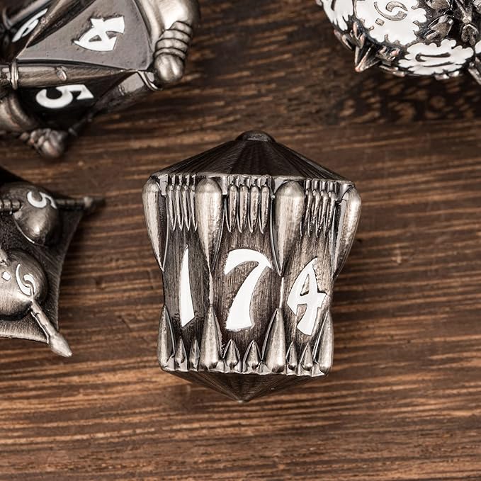 UDIXI Metal DND Dice Set, 7PCS Polyhedral D&D Dice Set Dragon for Dungeons and Dragons Role Playing Games (White Number)