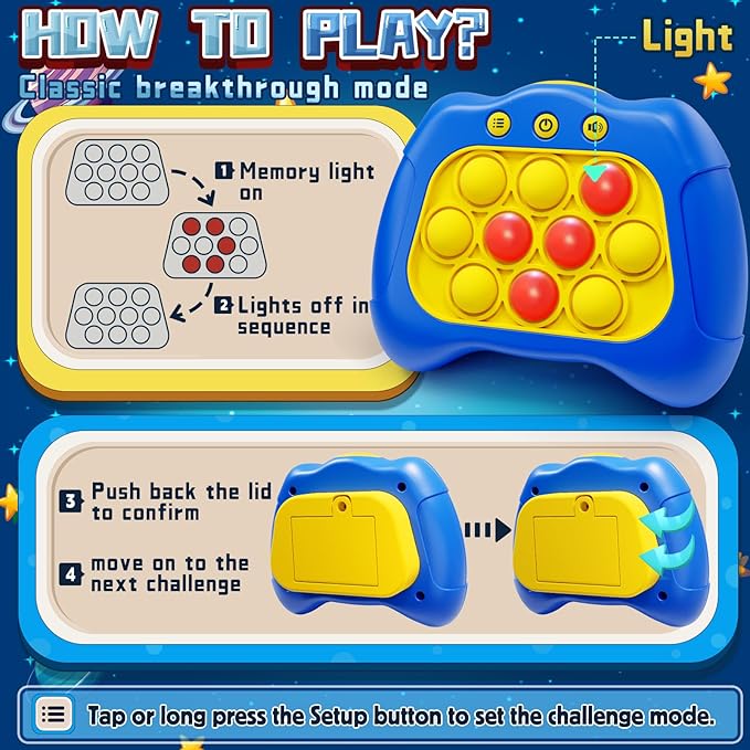 Quick Push Game，Pop Game Fidget Toys, Fast Push Bubble Game, Handheld Puzzle Game Sensory Toys ，Light Up Push Pop Game for Kids 3-12 Girls and Boys Teens Adults Decompression (Blue)
