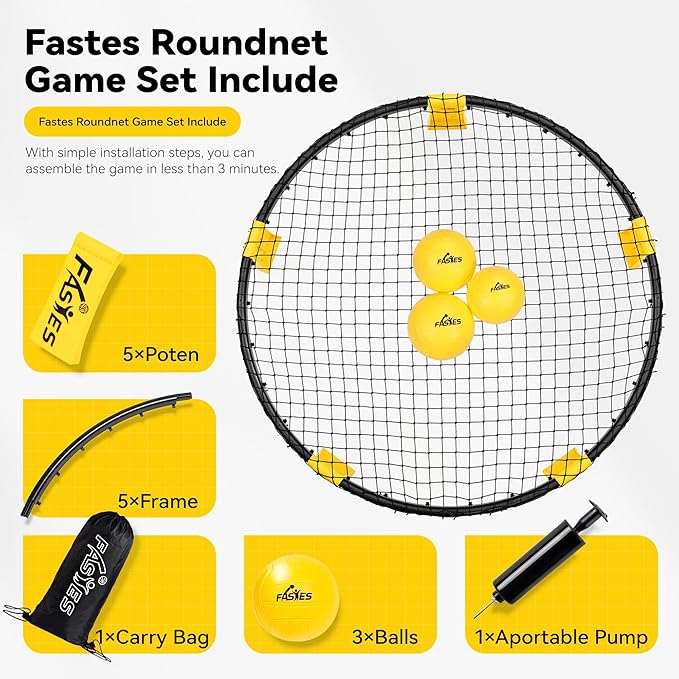 Outdoor Beach Ball Game Includes 3 Balls, Net and Carrying Bag -Roundnet Game Set for Adults, Kids, and Family - Perfect for Beach, Yard, Lawn, Backyard, and Park