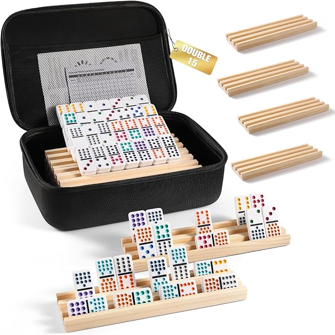 Mexican Train Dominoes Set with 8 Wooden Trays/Racks, Double 15 Dominos Travel Set with 8 Tiles Holders, 136 Tiles Double 15 Colored Dominoes Game Set with Zippered Case for Family Kids