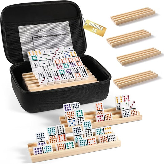 Mexican Train Dominoes Set with 8 Wooden Trays/Racks, Double 15 Dominos Travel Set with 8 Tiles Holders, 136 Tiles Double 15 Colored Dominoes Game Set with Zippered Case for Family Kids