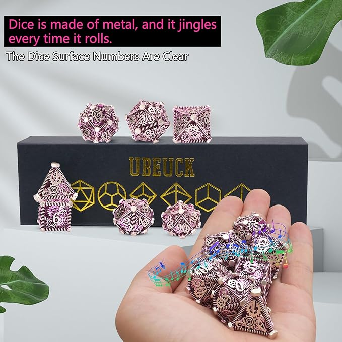 DND Metal Dice Set, UBEUCK 7PCS Gear Metal DND Dice Set for Dungeons & Dragons Board Games Boxes (Gear Purple)