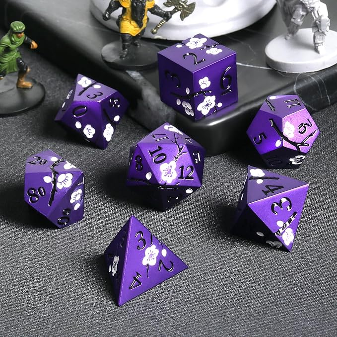 Matt Purple D&D Metal Dice, DNDND 7 PCS Heavy Metallic DND Dice Set with Gorgeous Gift Case for Dungeons and Dragon Tabletop Game (Matte Purple with White Flowers)