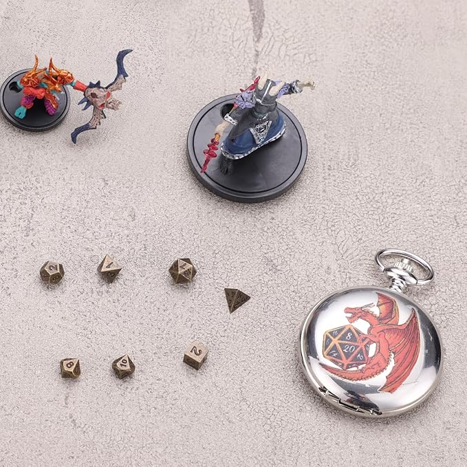 DND Pocket Watch Micro Polyhedral Dice Set Pocket Watch Shell for Dungeons and Dragons DND Dice Tabletop RPG and Board Games Gifts Silver Red