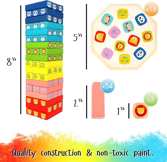 Stacking Tower Game - Dice & Stacking Cards Animal Edition - Mini Colorful Blocks - Multiple Ways to Play Family Game Night - Games for Kids and Adults