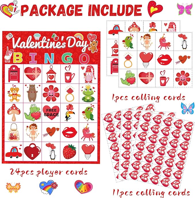 Valentine Bingo Game for Kids Galentines Games with 24 Valentine Players Cards for Adults Women Valentine Party Activities Favors Supplies