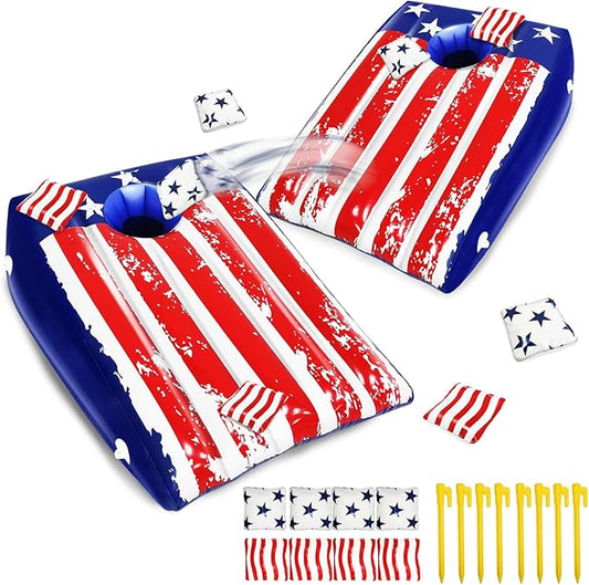 Pool Cornhole, 2 Pack Cornhole Boards 8 Bean 8 Stake, Pool Games for Adults Teen Family, Inflat American Flag Pools Toy Bean Bag Toss Game Pools & Beach & Ground Multi Occasions Summer Patriotic Party