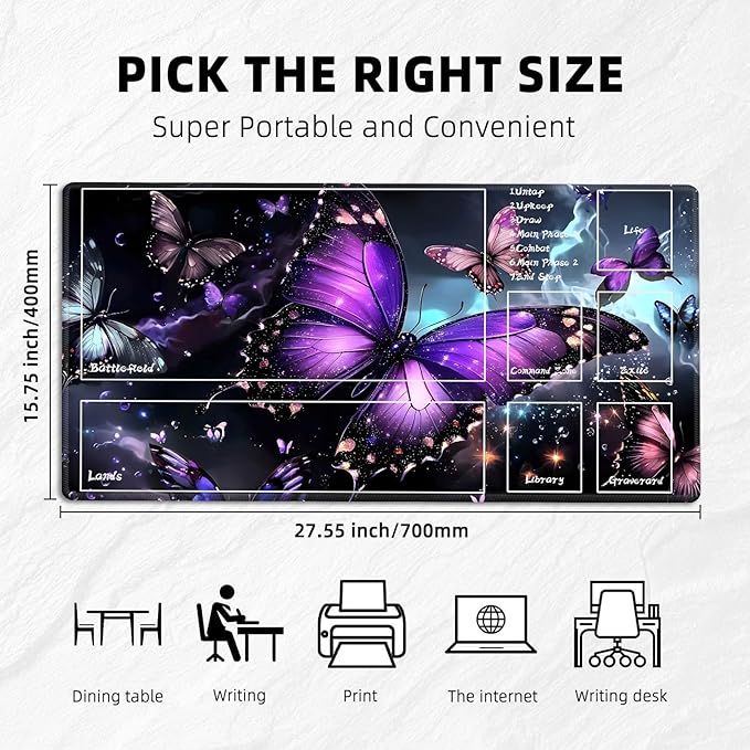 for MTG Playmat with Zones Storage Bag,for TCG Playmat and Playing Card Mat for Magic Board Games, Butterflies Non Slip Stitched Edges Game Mat, Rollable Foldable Card Playmats