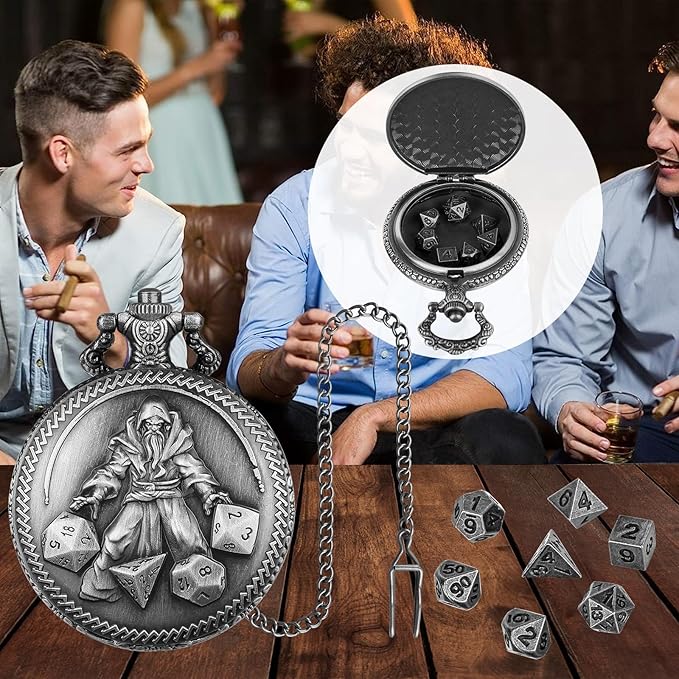 Mini DND Dice Set, Hand Held Dice Wizard Pocket Watch Shell Case, 7 Piece Polyhedral Metal D&D Dice Set, DND Gifts with Gift Box, Role Playing Board Game Accessories, Dark Silver