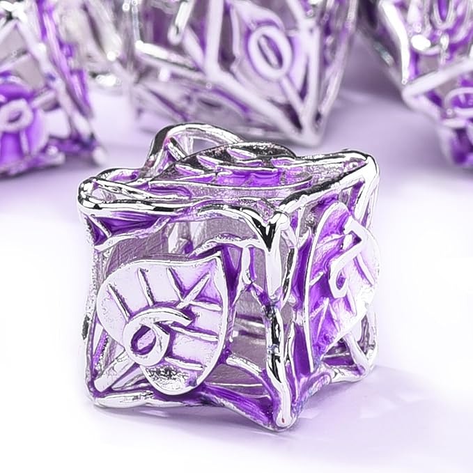 AUSTOR Metal Maple Leaf DND Dice Set 7 Pieces Hollow Polyhedral Dice D20 D12 D10 D% D8 D6 D4 Copper Dice with Metal Box for Dungeons & Dragons RPG Board Games (Violet & Silver)
