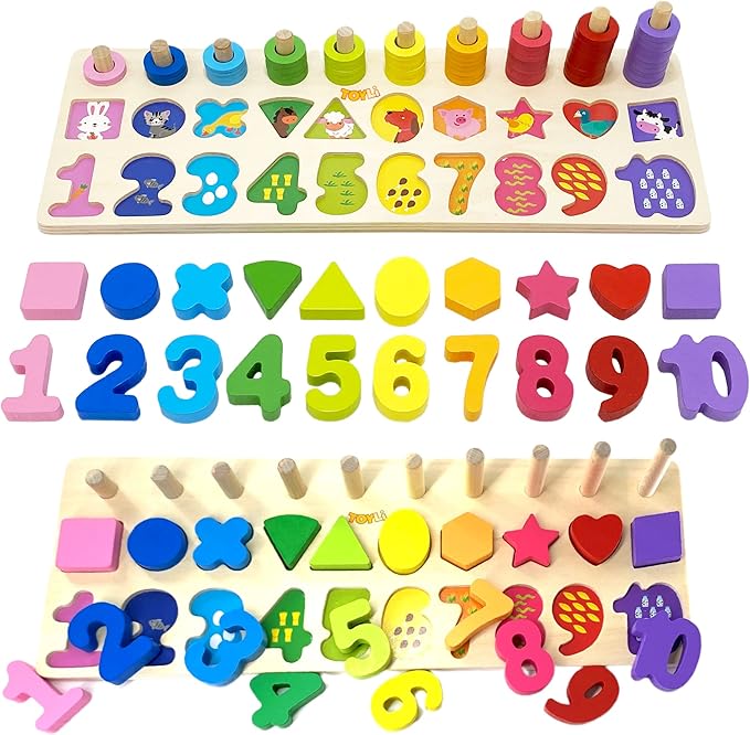Educational Math Learning Board and Puzzle Wooden 4 in 1, Wooden Stacking Toy