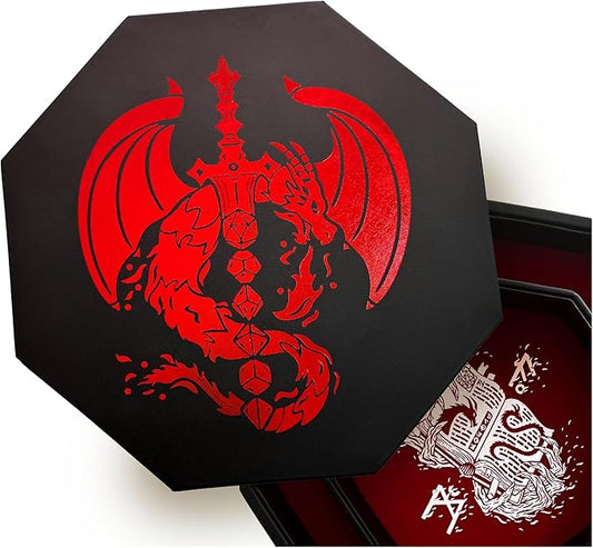 Deep Red Fire Dragon Dice Tray with Dice Sword Artwork – 9" Octagon with Lid, Holds 5 Dice Sets – Perfect for D&D, Call of Cthulhu, Shadowrun, and All Tabletop RPGs