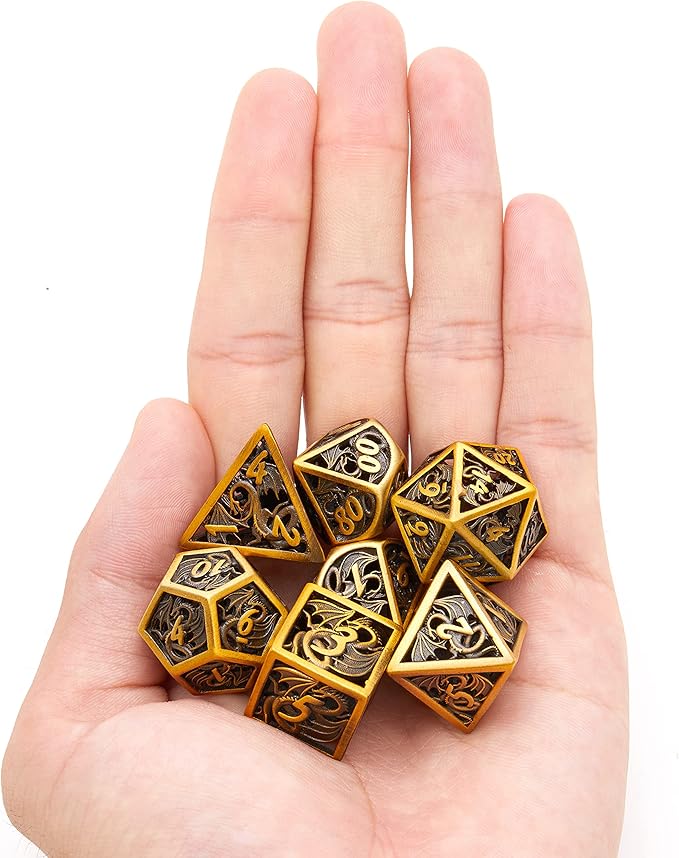 Hollow Metal DND Game Dice Dragon Design Ancient Gold 7Pcs Set for Dungeons and Dragons RPG MTG Table Games D&D Pathfinder Shadowrun and Math Teaching (with Metal Case)