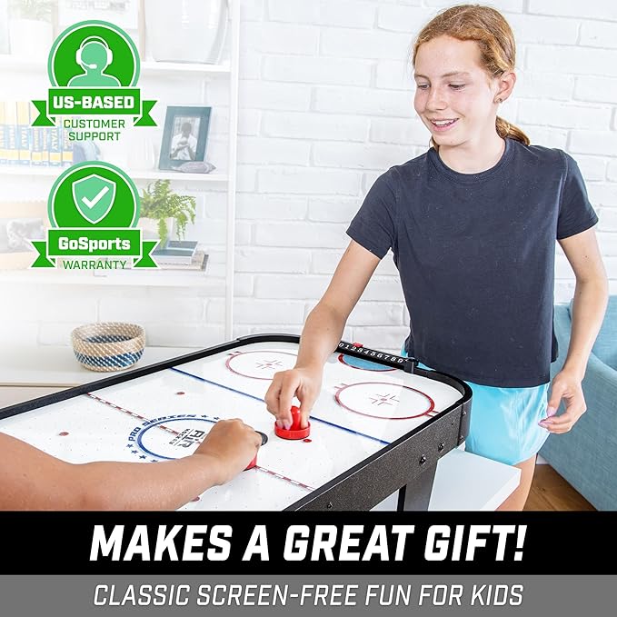 GoSports 40 Inch Table Top Air Hockey Game for Kids - AC Outlet Powered Motor - Black or Oak