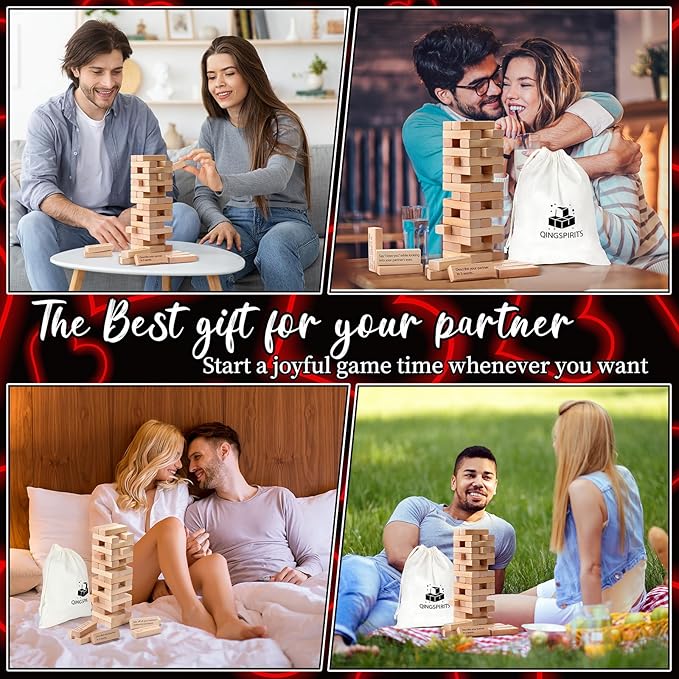 Super Fun Couples Tumble Tower Game for Grown Ups, 54pcs Exciting Date Night Stacking Wooden Blocks Talking Challenge Dare Romantic Anniversary Games for Your Partner, Only Adults 17+