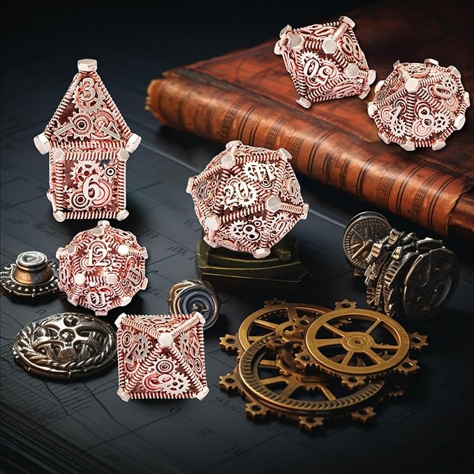 DND Metal Dice Set, UBEUCK 7PCS Gear Metal DND Dice Set for Dungeons & Dragons Board Games Boxes(Gear red)