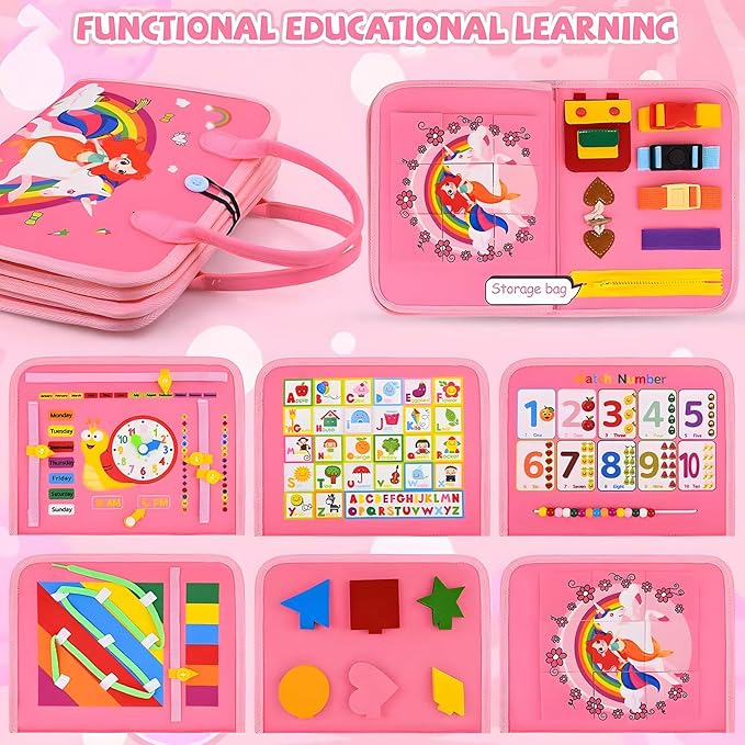 Busy Board for Toddler Girls 1 2 3 4 Montessori Busy Book Sensory Learning Toys for Girl and Boys Preschool Toys Birthday Gift (Pink)