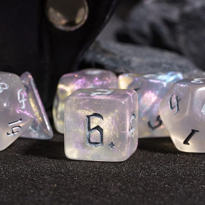 7-Die DND Dice Set Polyhedral Dice Set with Leather Bag D&D Dice Set for Dungeons and Dragons RPG MTG Table Games (Transparent w/Glitter)